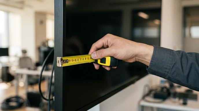 A Korean technician's hand holding a measuring tape against the edge of a large display.