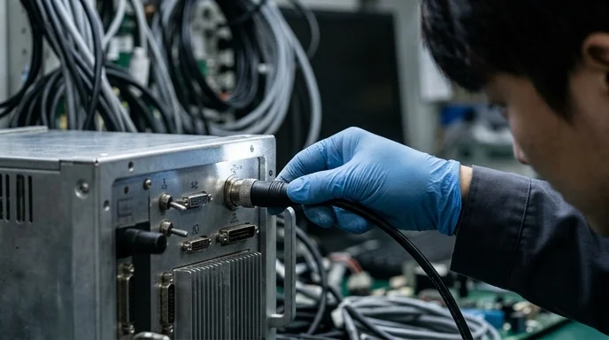 A Korean engineer's gloved hand connecting a cable into the back port of a metallic controller unit.