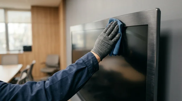 Close-up of a gloved hand wiping the brushed metal edge of a display panel in a meeting room.