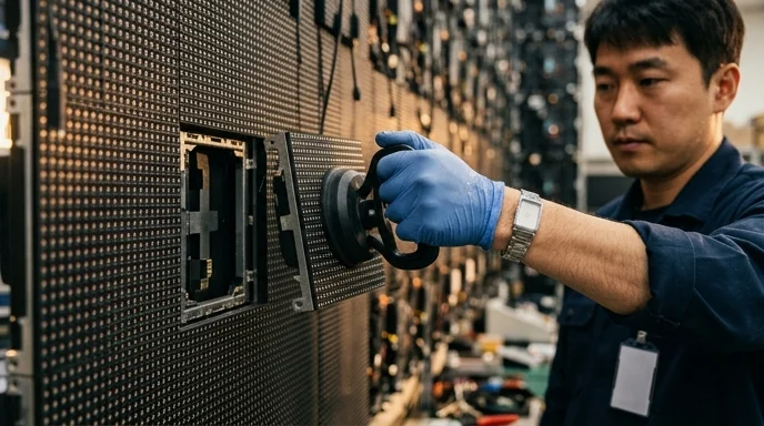 A Korean technician's gloved hand using a suction tool to remove an LED pixel panel.