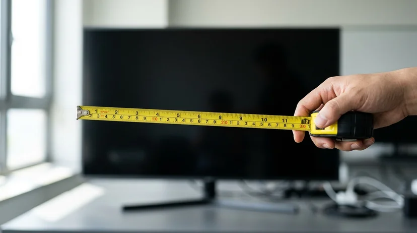 A technician's hand holding a measuring tape in front of an out-of-focus large screen.