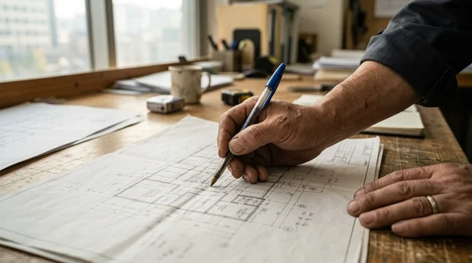 A worker's hand pointing at a spatial blueprint with a ballpoint pen.