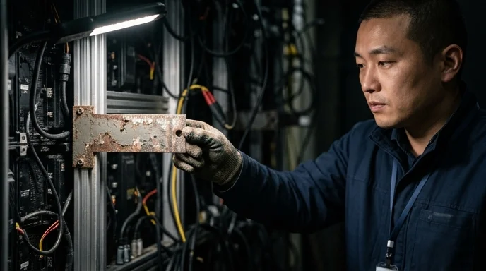 A worker's hand inspecting the thin steel mount behind an LED cabinet.