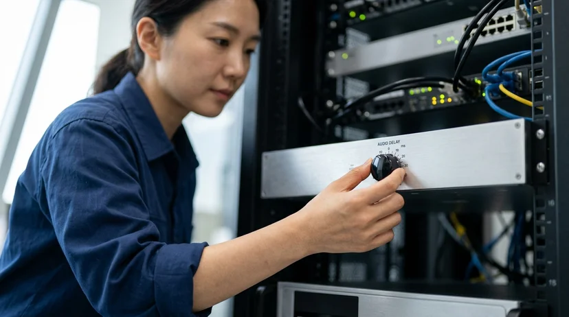 A technician turning an audio delay alignment dial on an AV processor panel in a server rack.