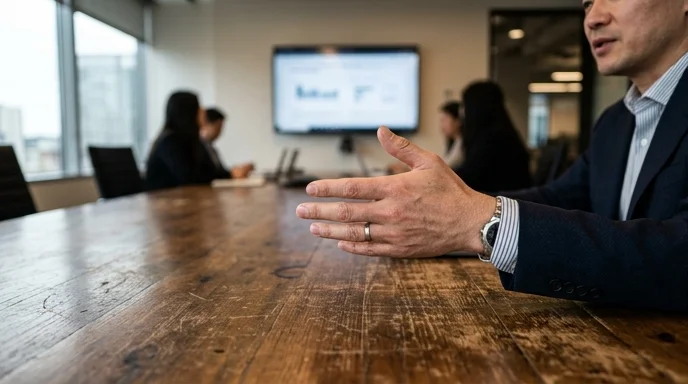 A Korean businessman's hand gesturing towards a large display from a wooden conference table.