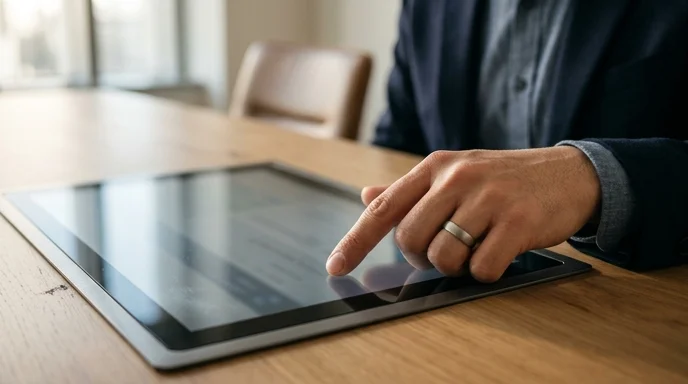 A Korean employee's hand operating a unified touch screen panel on a conference table.
