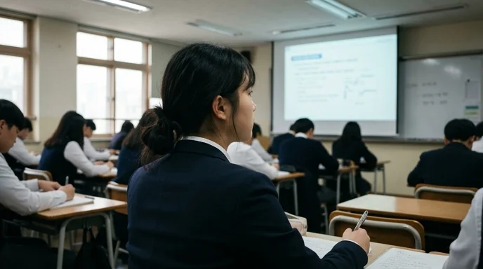 A Korean student viewed from over the shoulder looking at a large display in a classroom.