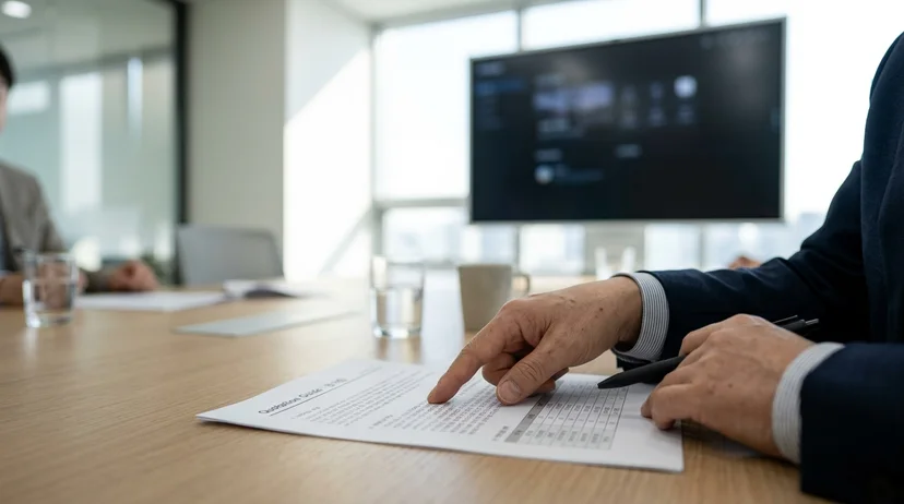 An expert's hand pointing at a printed quotation guide on a table with a display in the background.