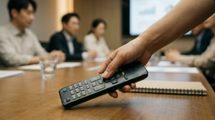 A Korean presenter's hand picks up a worn remote control from a table in a meeting room.