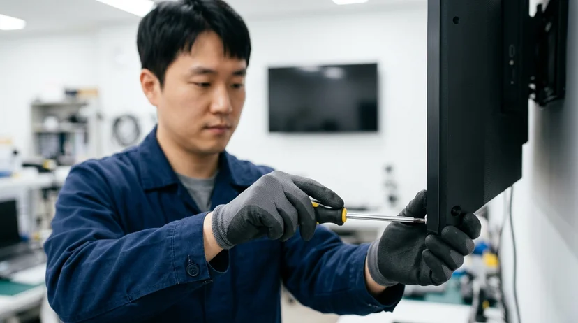 A Korean technician's gloved hands tightening a screw on a screen frame with a screwdriver.