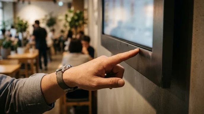 A Korean manager's hand points at the edge of an out-of-focus large display on a cafe wall.