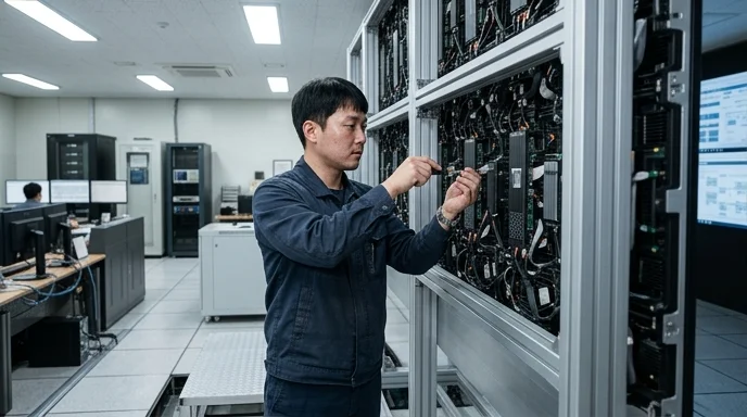 A Korean technician standing in an indoor control room inspecting the rear components of a large LED display panel.