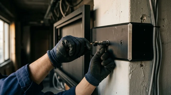 A Korean technician's gloved hands securing a custom metal bracket for a large screen to a corner wall.