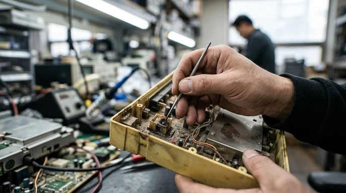 A Korean worker's hand examining a small, yellowed internal component of an AV processor showing faint dust.