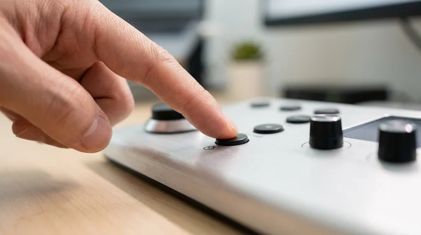 A Korean manager's finger pressing an auto timer button on a metal hardware controller.