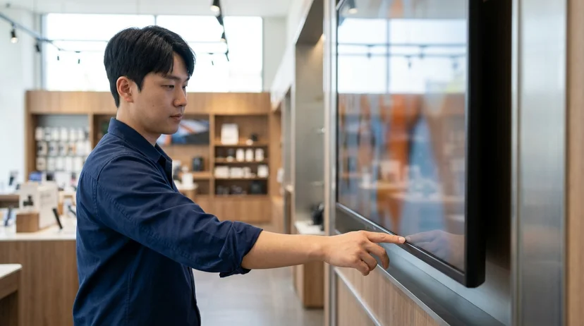 A Korean technician's hand gently touching the bottom edge of a vertically mounted large screen.