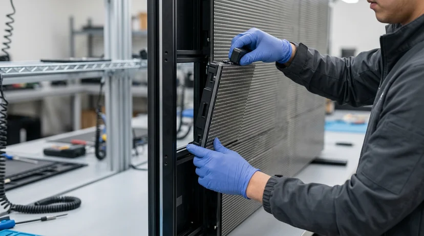 A Korean technician's gloved hands detaching a front module from a large display.
