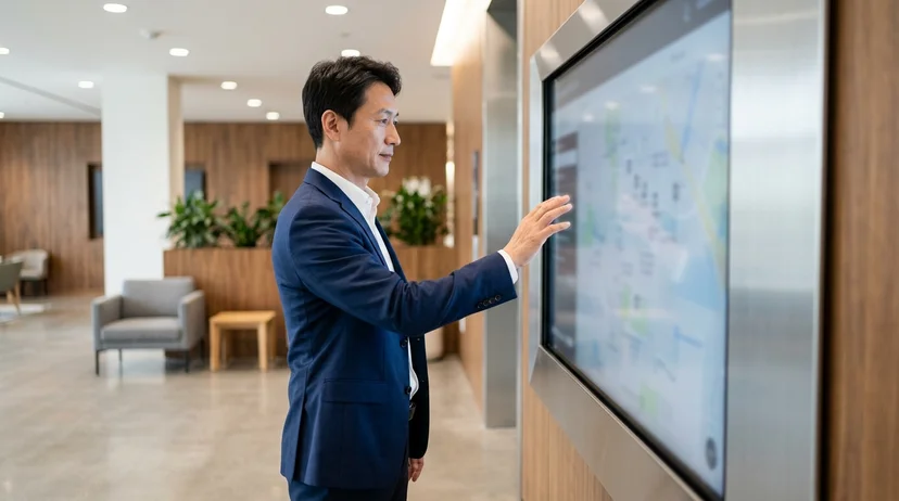 A Korean man in a navy suit standing close to a large screen in a bright indoor lobby.