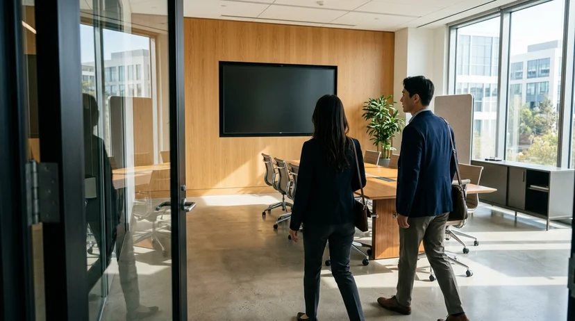 Two Korean colleagues viewed from behind entering a modern meeting room with a large display on the wall.