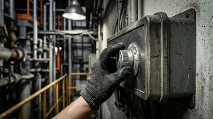 A worker's gloved hand turns a scratched metallic dial on control equipment attached to a factory wall.