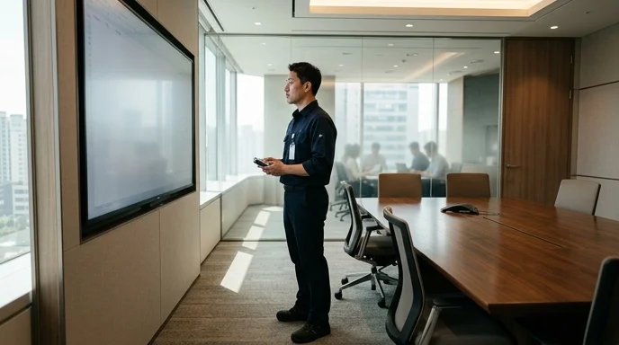 A Korean technician viewed from the side in a meeting room looking at a large display.
