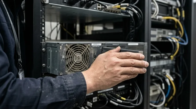 Bare hands of a Korean technician checking the ventilation gap around a media server.