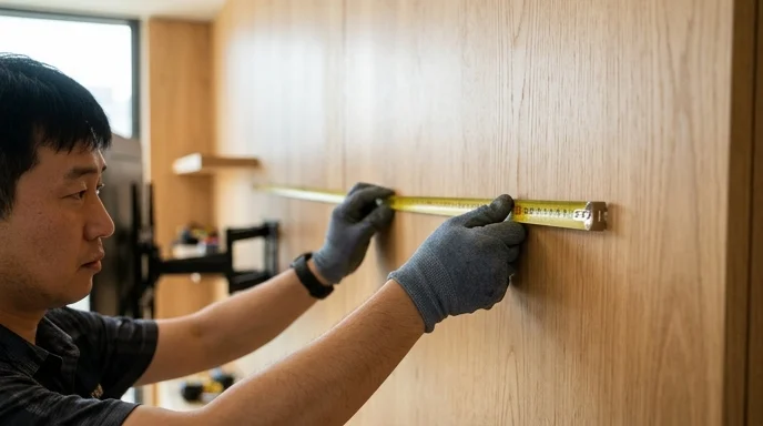 Gloved hands of a Korean technician measuring a wooden wall with a yellow tape measure.