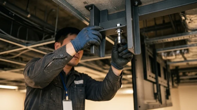 A Korean installer's hands assembling sturdy metal brackets on the ceiling.