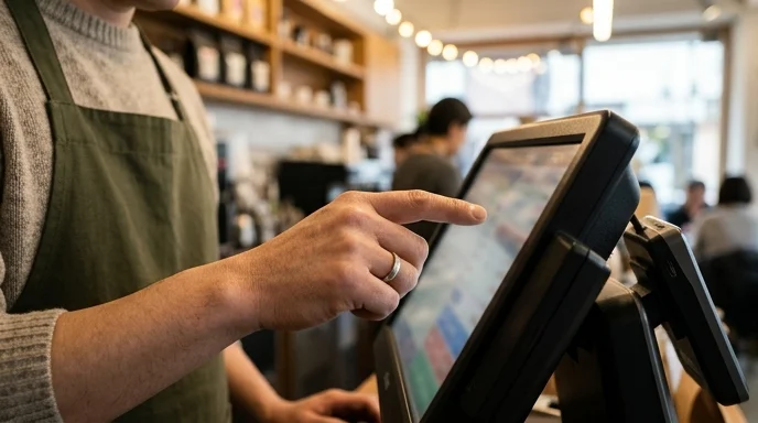 A Korean cafe manager's hand touching the screen of a point-of-sale terminal on a counter.