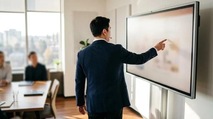Presenter pointing at a large display in a meeting room, screen out of focus.