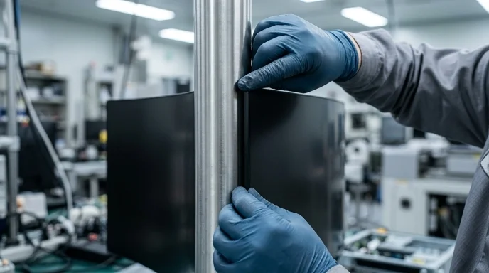 A Korean engineer's gloved hands pressing the edge of a curved large screen against a cylindrical pillar.