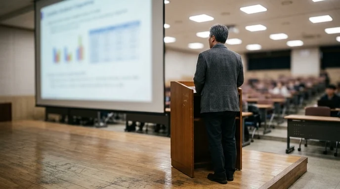 A Korean instructor standing on a podium in front of a large display viewed from behind.