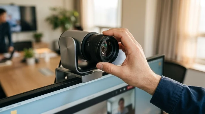 A Korean technician's hand adjusting a wide-angle lens of a video camera mounted above a monitor.