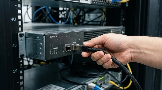 An engineer's hand plugs a data cable into the rear port of a metal media server in a server rack.