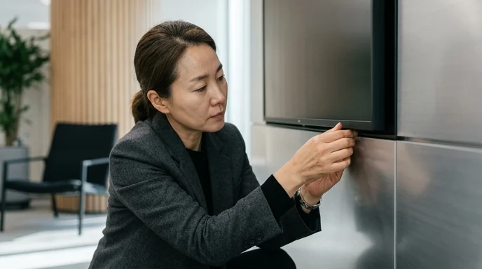 A designer's hands checking the gap between a display edge and a metal wall finish.
