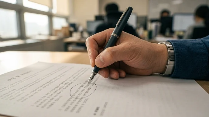 A Korean office worker's hand draws a circle around a clause on a rental agreement with a pen.