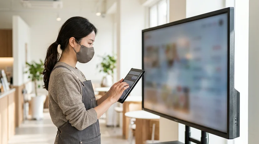 A Korean staff member in profile operating a tablet next to a large display in a cafe.
