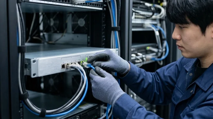 A Korean technician's gloved hands inserting a cable into a controller inside a rack.