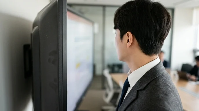 A Korean office worker observes the side of a matte screen frame from an over-the-shoulder view.