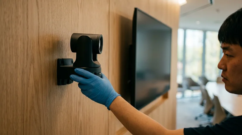 A Korean technician's hand adjusting a compact PTZ camera mounted on a wooden wall next to a large display.