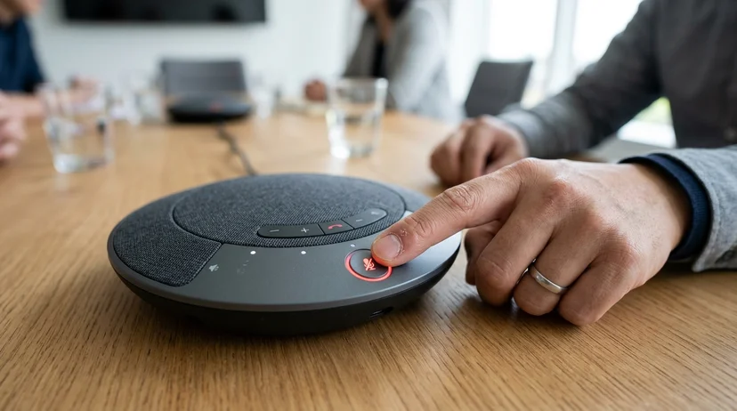 A Korean worker's finger pressing a button on a circular conference speakerphone on a wooden table.