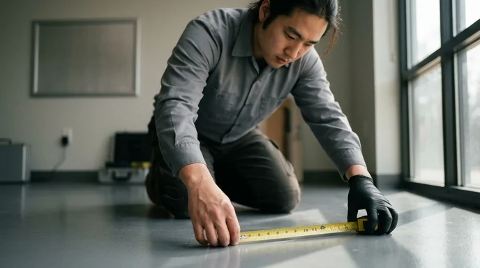 A Korean technician's gloved hands holding a measuring tape on the floor in front of a blank display frame.