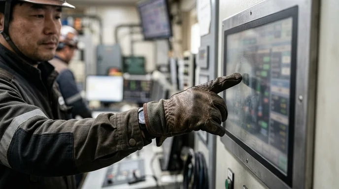 An engineer's heavy gloved hand firmly pressing a large anti-glare display screen in a control room.