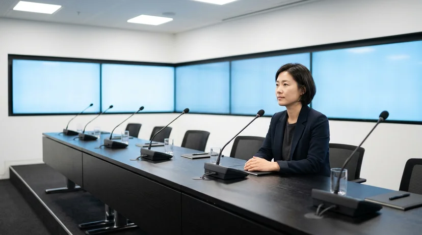 파란색 단색 화면 앞 무대 위 긴 검은색 테이블을 따라 여러 대의 델리게이션마이크가 일정한 간격으로 나란히 배치되어 있는 모습