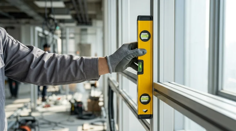 A Korean technician's gloved hand holding a spirit level against a clean aluminum screen frame.