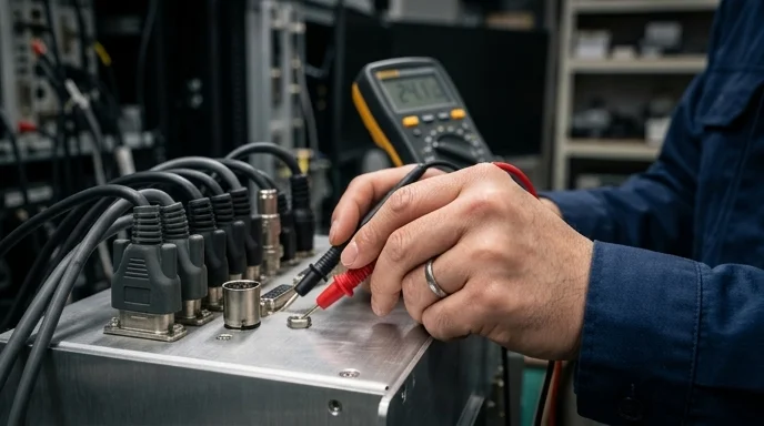 A technician's hand checks the voltage label area on the back of a controller chassis.
