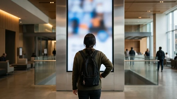 A Korean visitor viewed from behind looking up at a large vertical display in a bright commercial space lobby.