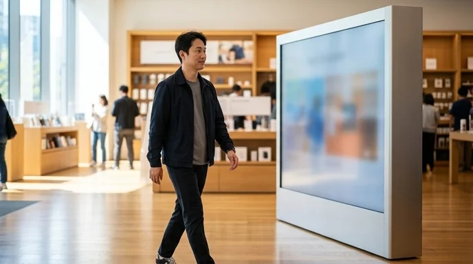A Korean male customer walking past a large display in a retail store, viewed from the side.