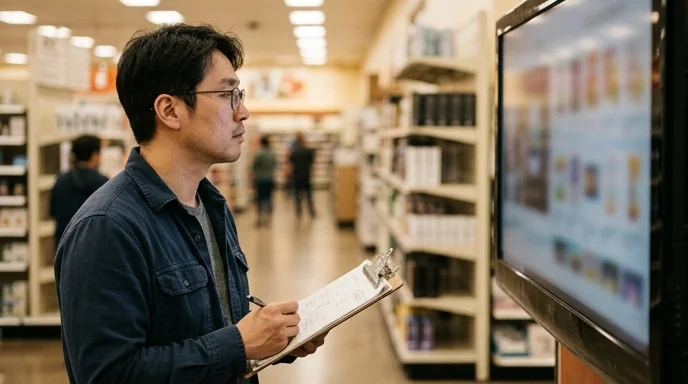 A Korean male technician inspecting a retail store environment to plan an integrated display layout, viewed from the side.
