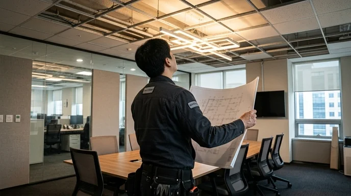 A Korean technician viewed from behind holding a blueprint in a meeting room.